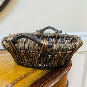 VTG Wicker Braided Rope Rectangular Boho Large Basket with 2 wood handles